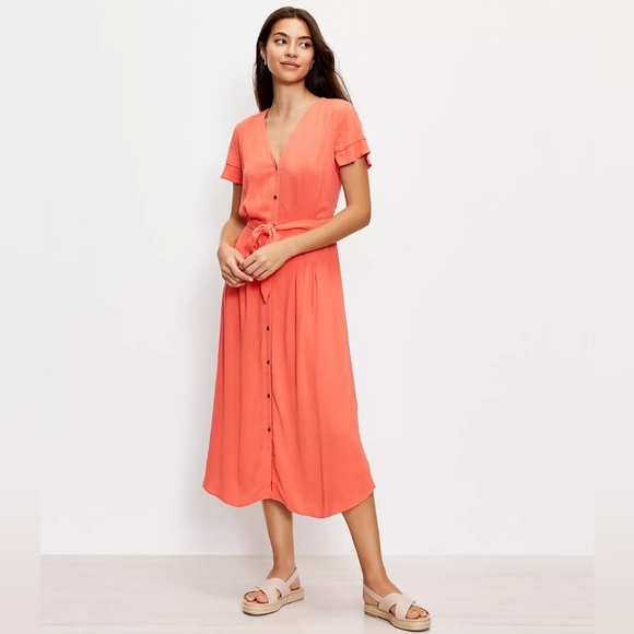LOFT Dresses & Skirts - Loft V Neck Midi Shirt Dress Coral Button Down Sundress Size 0